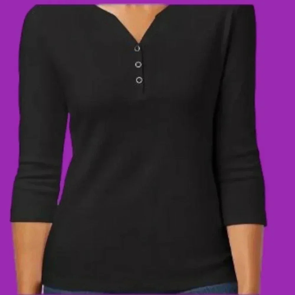 Karen Scott henley shirt women petite black color size ps - Picture 2 of 8